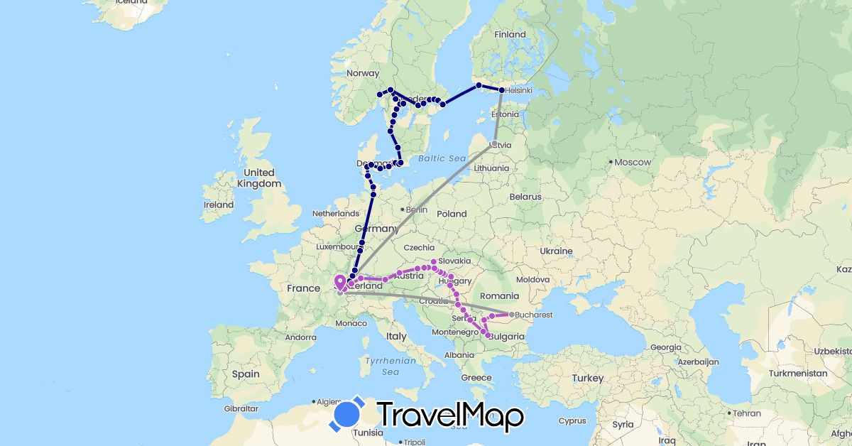 TravelMap itinerary: driving, plane, train in Austria, Bulgaria, Switzerland, Germany, Denmark, Finland, Hungary, Latvia, Norway, Romania, Serbia, Sweden, Slovakia (Europe)